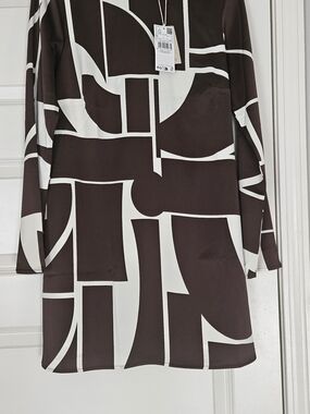 Mango Brown and White Geometric Long Sleeve Shift Dress